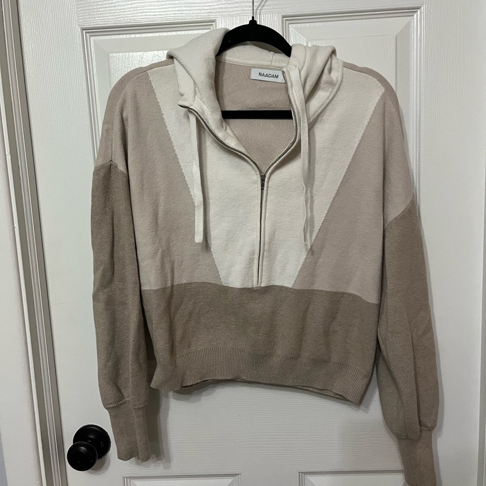 NAADAM Hooded cotton silk blend sweater zip front colorblock‎